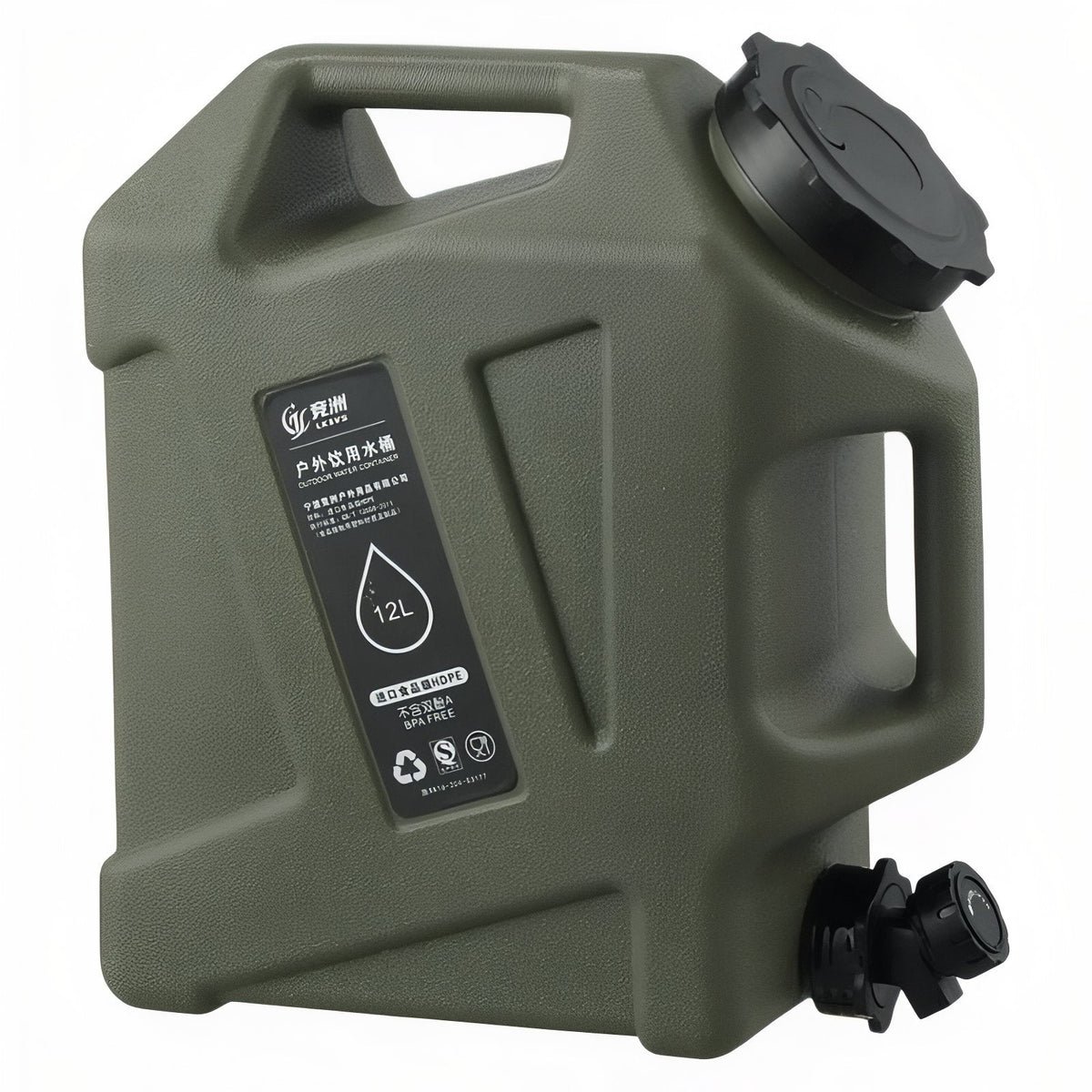 Olive green 12 L camping water container with a black screw cap and a tap near the base