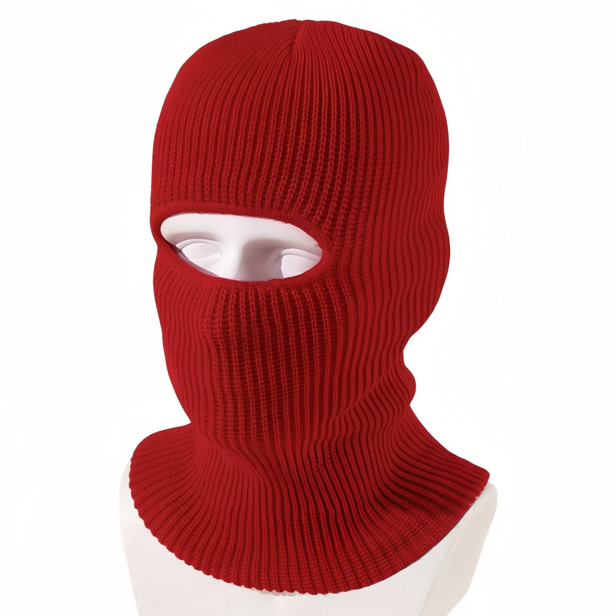 Red rib-knit winter balaclava on a white mannequin head