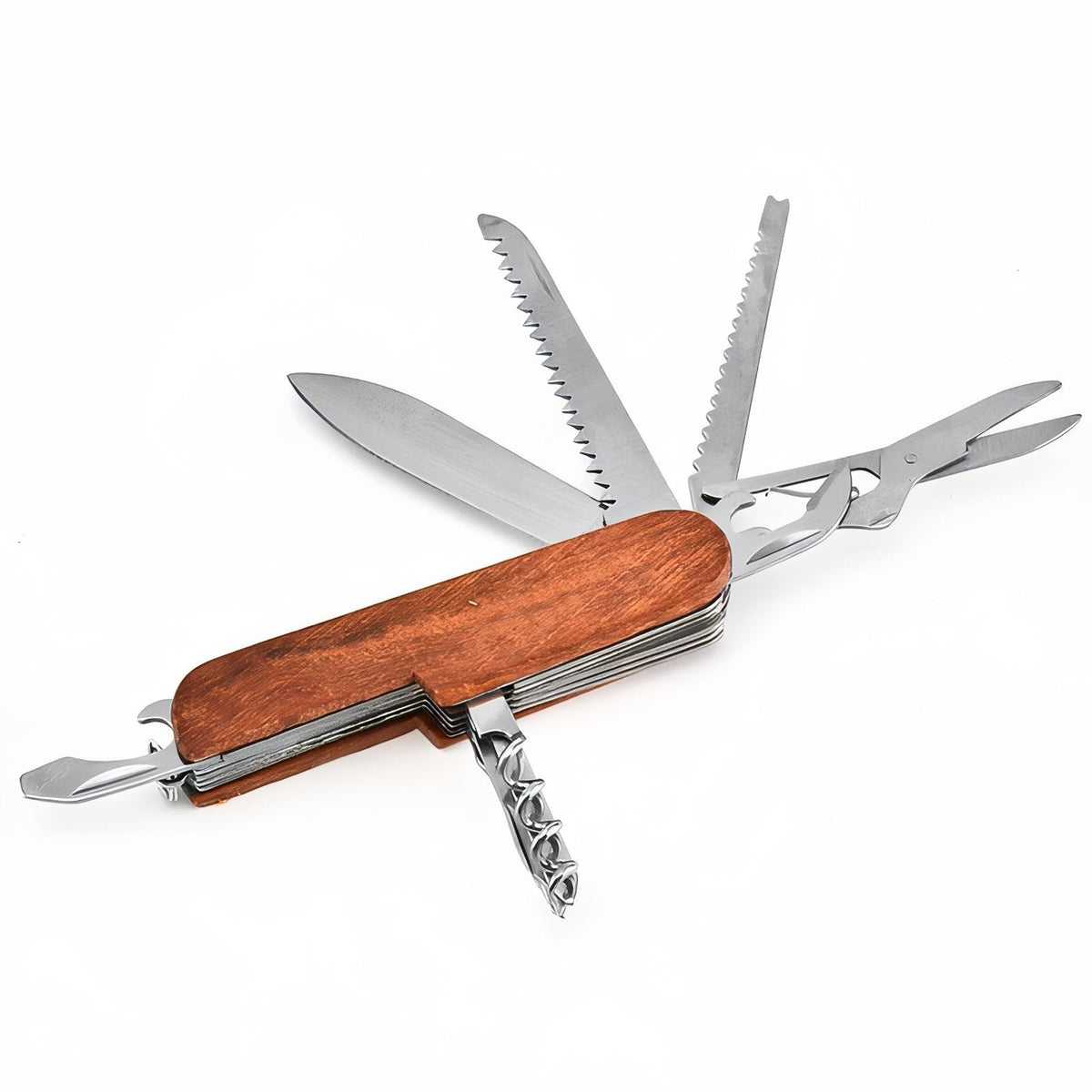 Wooden-handled pocket multitool with its blade, saw blades, scissors, corkscrew and bottle opener folded out