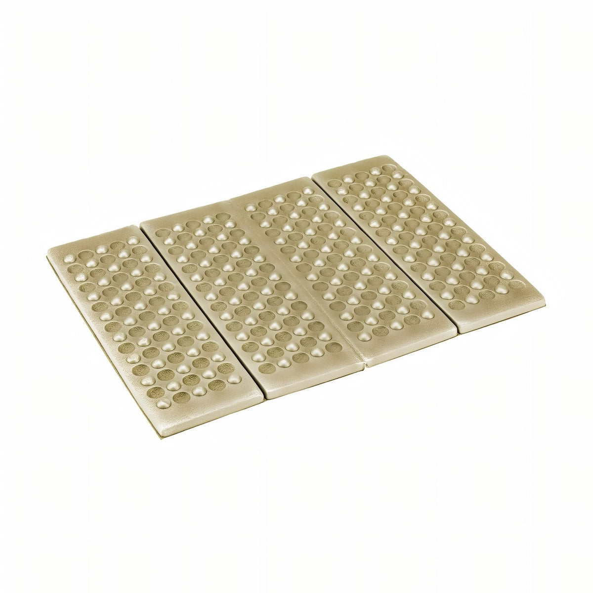 A khaki folding foam sit pad opened flat, its four panels covered in rows of raised dimples, on a white background