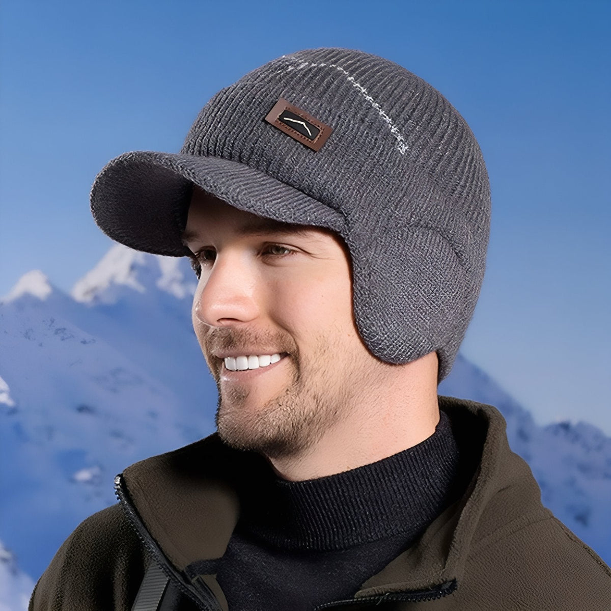 Smiling man wearing the dark grey knitted peaked beanie with the ear flaps down, snowy mountains behind