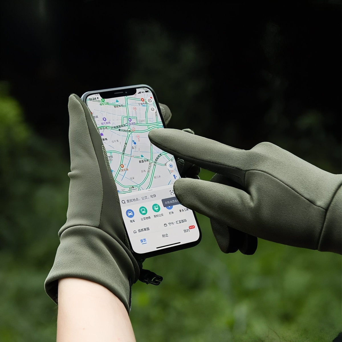 Hands in army green stretch gloves using a map on a phone touchscreen outdoors