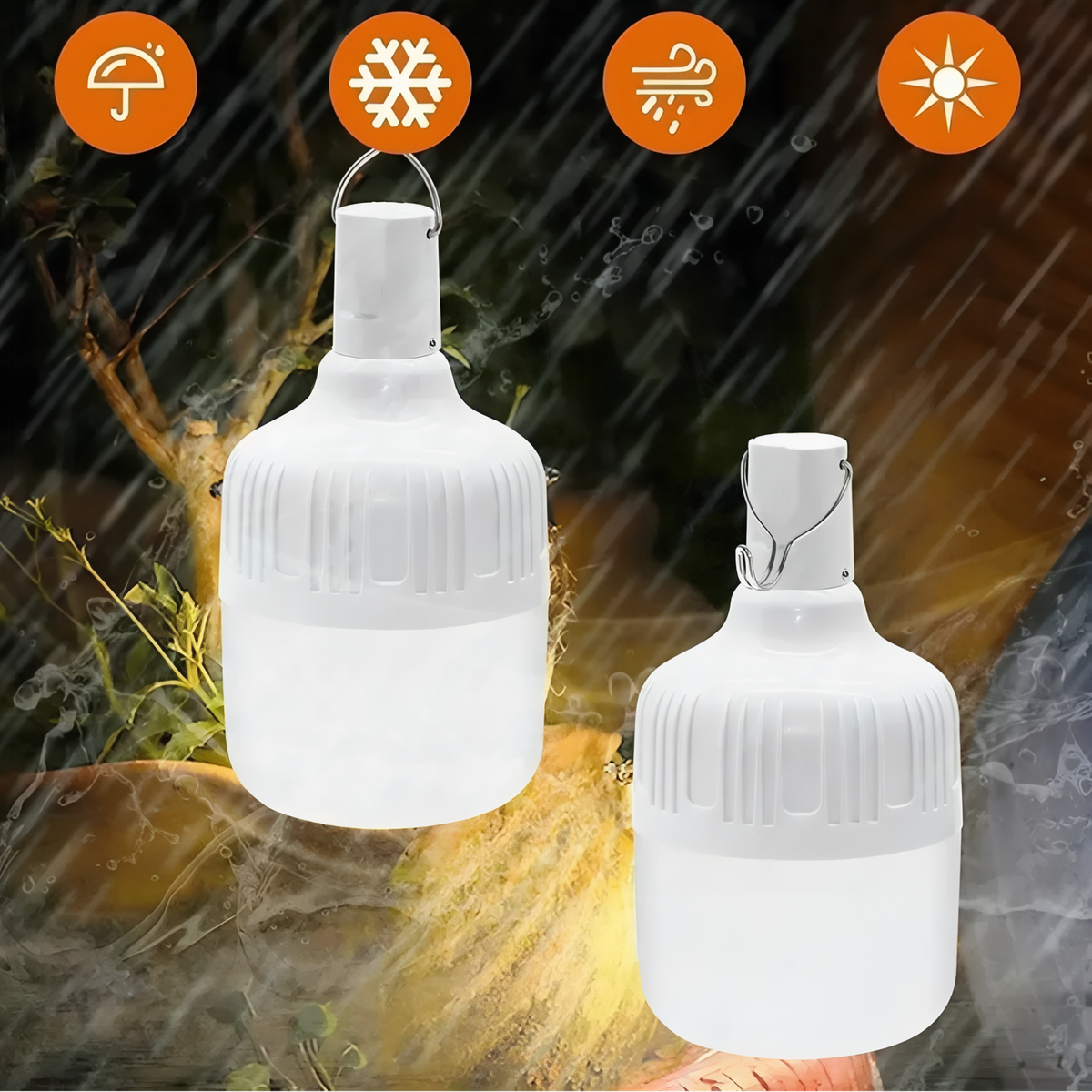 Two LED bulb lanterns glowing in the rain beside icons for rain, cold, wind and sun
