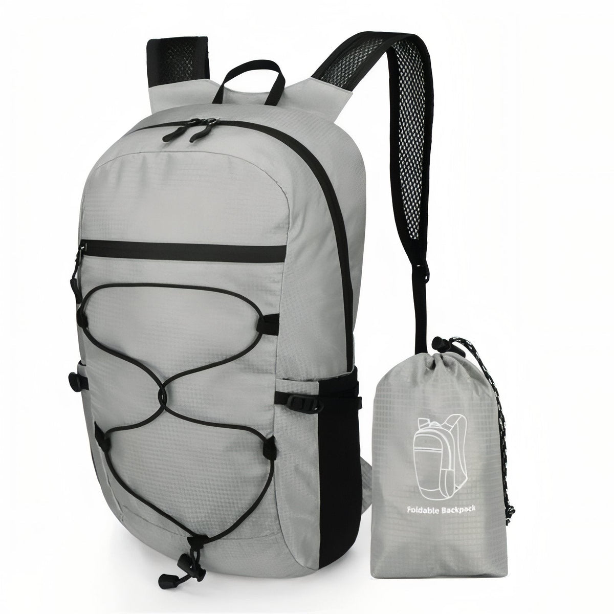Light grey packable daypack with a black bungee cord, beside its matching stuff pouch
