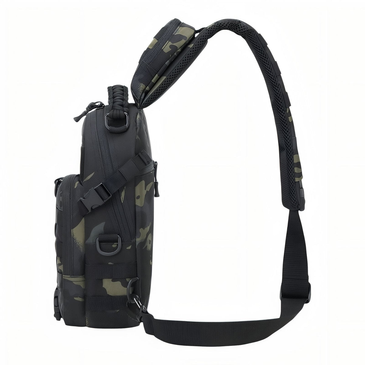 Side of the sling bag with its curved padded strap