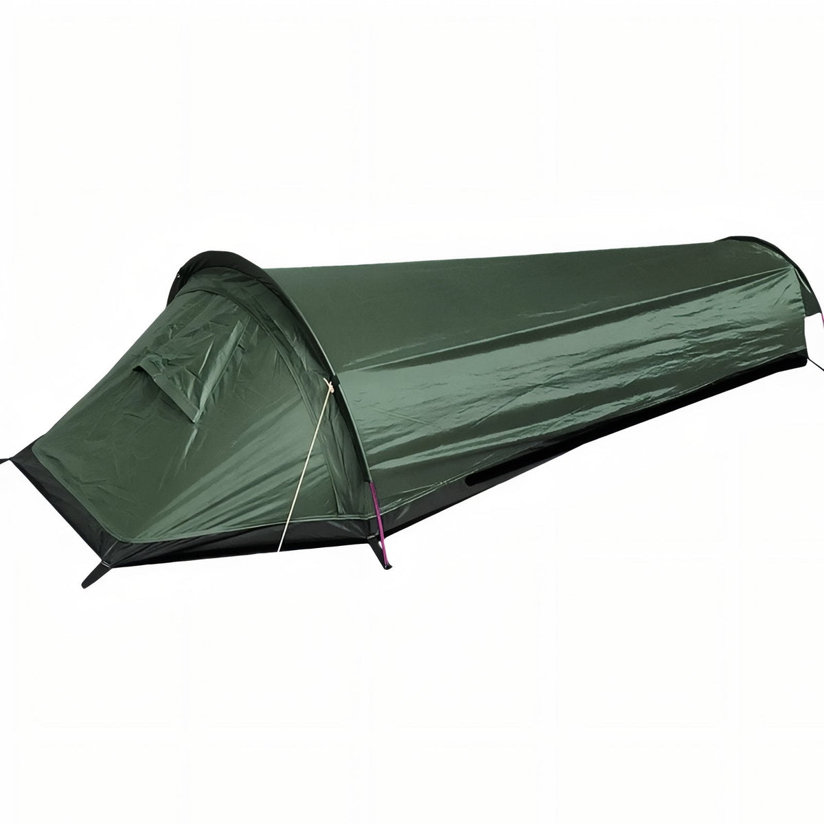 Dark green one-person bivy tent pitched, with its hoop pole near the head end and a vent flap on the head panel