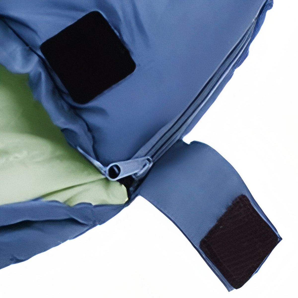 Close-up of the hook-and-loop tab at the top of the sleeping bag's zip