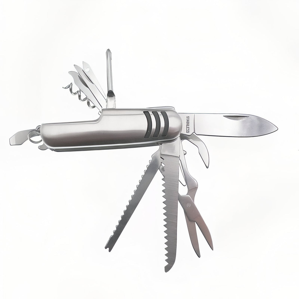 Brushed steel pocket multitool with dark grooves on the handle and its blade, saw blades, scissors and small tools folded out