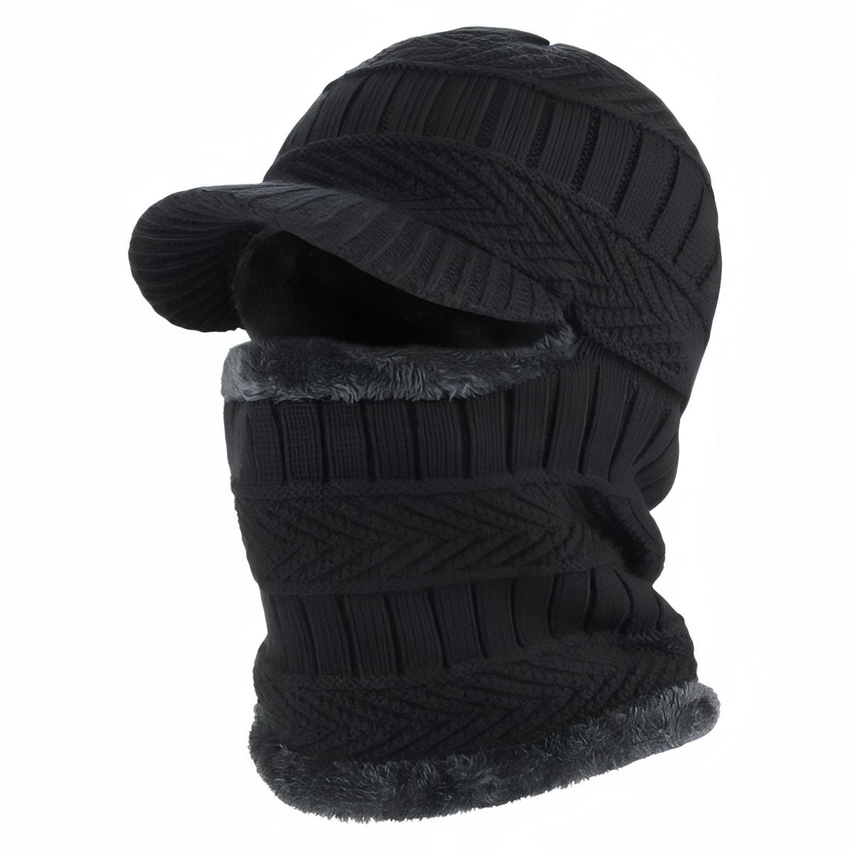 Black knitted balaclava with a short brim and grey plush lining, front three-quarter view