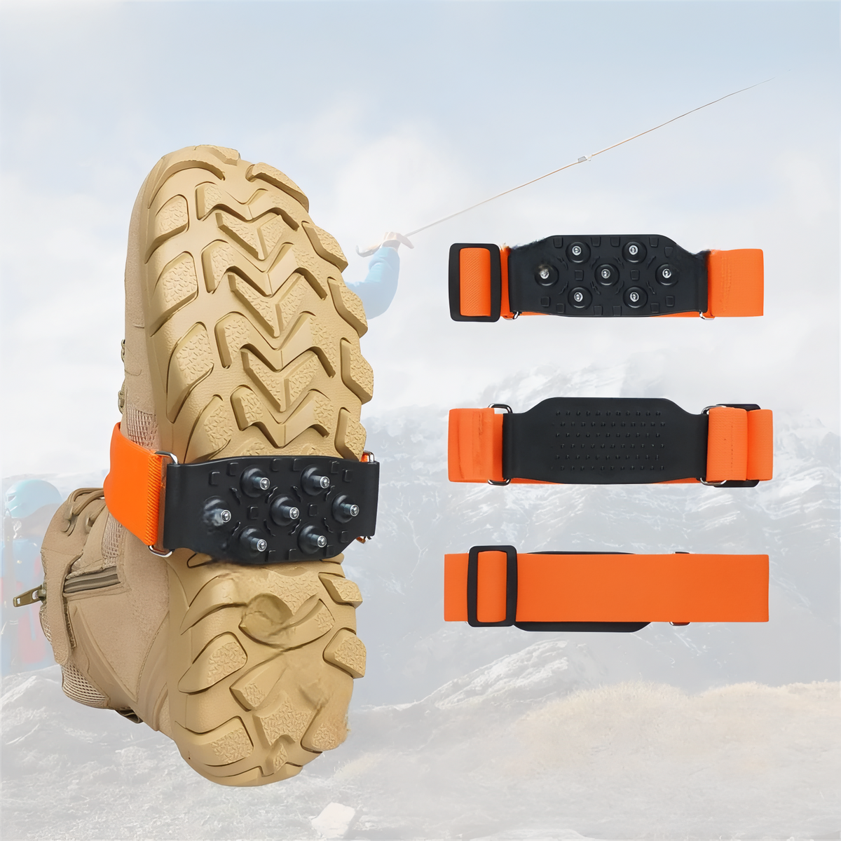 Boot sole with the seven-stud cleat strapped under the arch, beside the pad, its underside and the orange strap