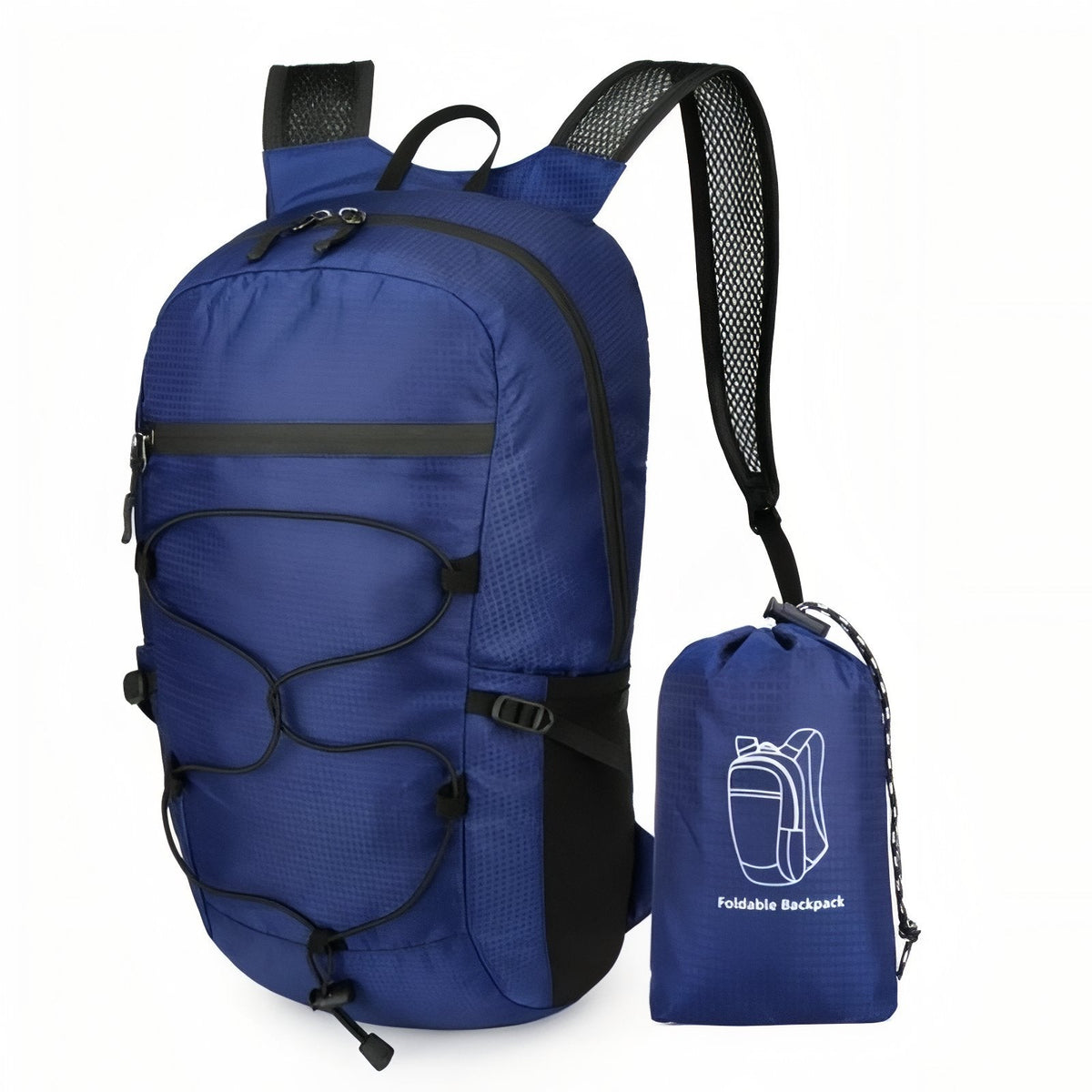 Navy blue packable daypack with a black bungee cord, beside its matching stuff pouch