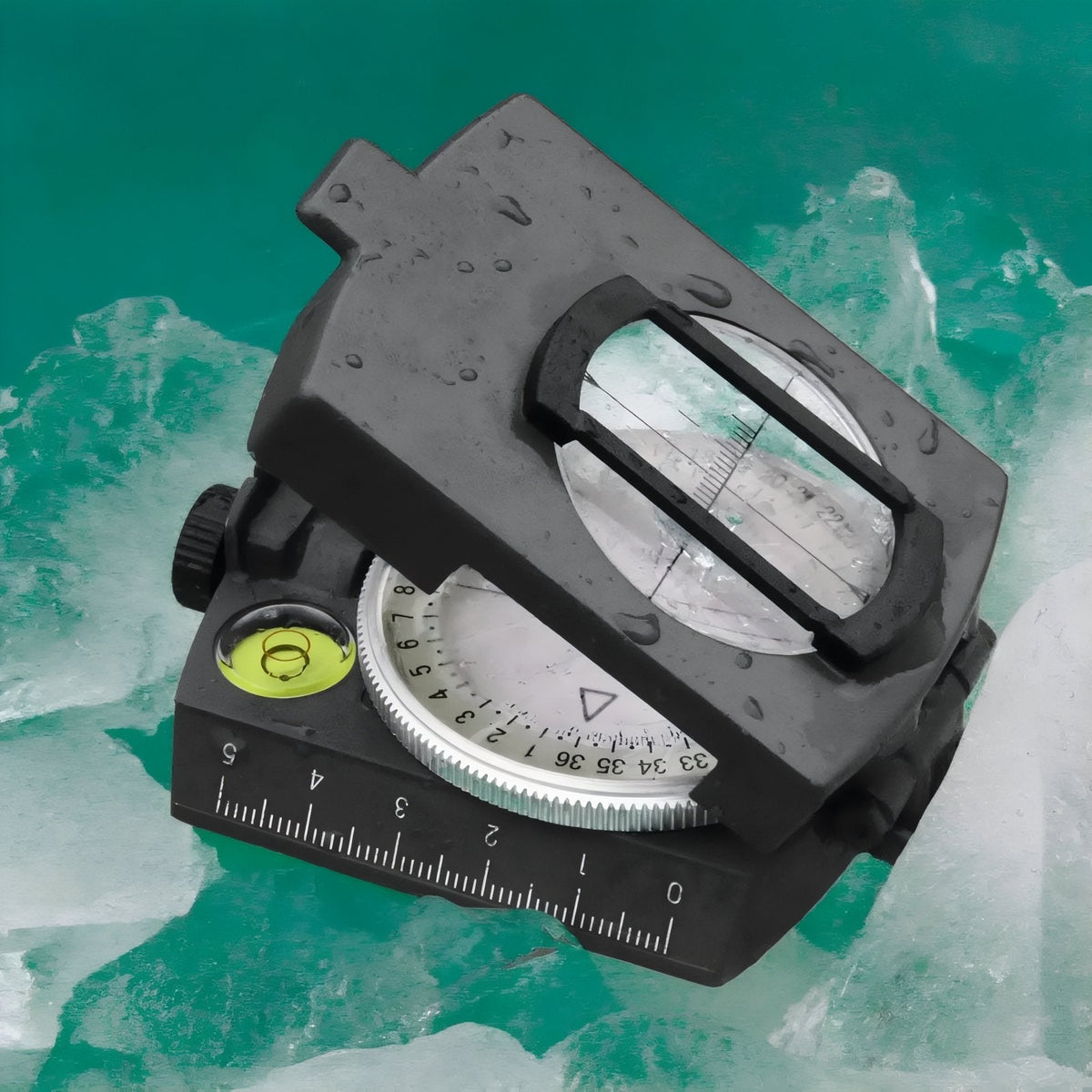 Open lensatic compass lying on ice, the sighting wire and dial showing