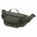 Army green hip pack with a top grab handle, front zip pocket with webbing loops and side D-ring