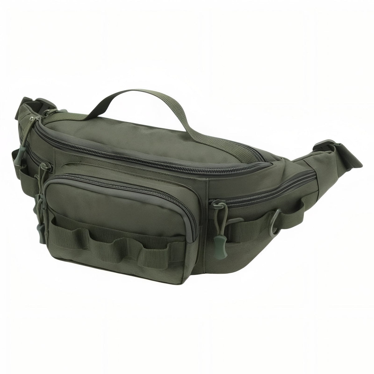 Army green hip pack with a top grab handle, front zip pocket with webbing loops and side D-ring
