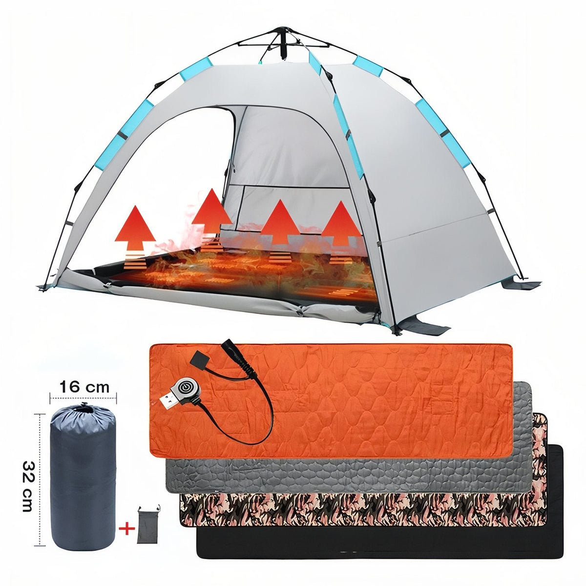 Heated pad glowing inside a tent above a stack of pads and the packed storage bag marked 16 by 32 cm