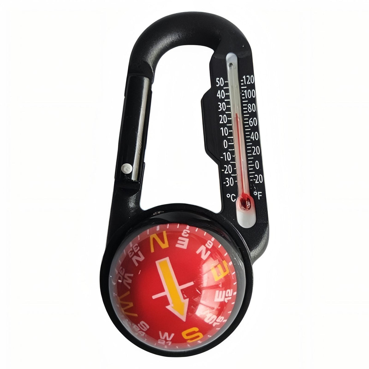 Compass carabiner with a red compass dial, thermometer beside it