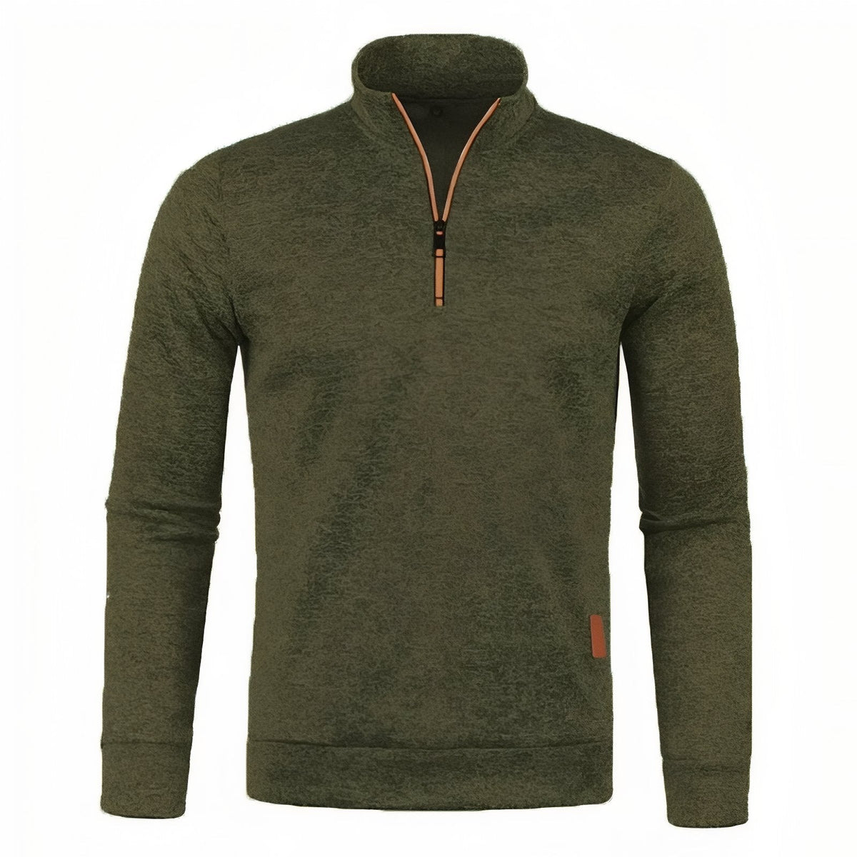 Army green heathered men's quarter-zip pullover with orange zip piping, front view