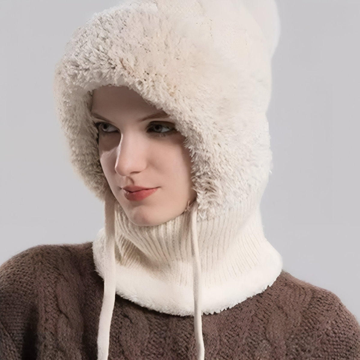 Woman wearing the cream white balaclava hood with the mask folded down under the chin
