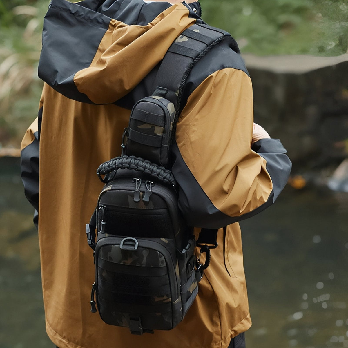 Sling bag worn over one shoulder, seen from behind