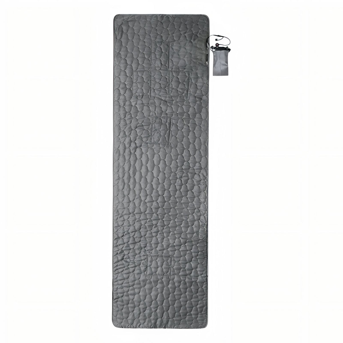Charcoal grey quilted heated sleeping pad seen from above with its power bank pouch at the side