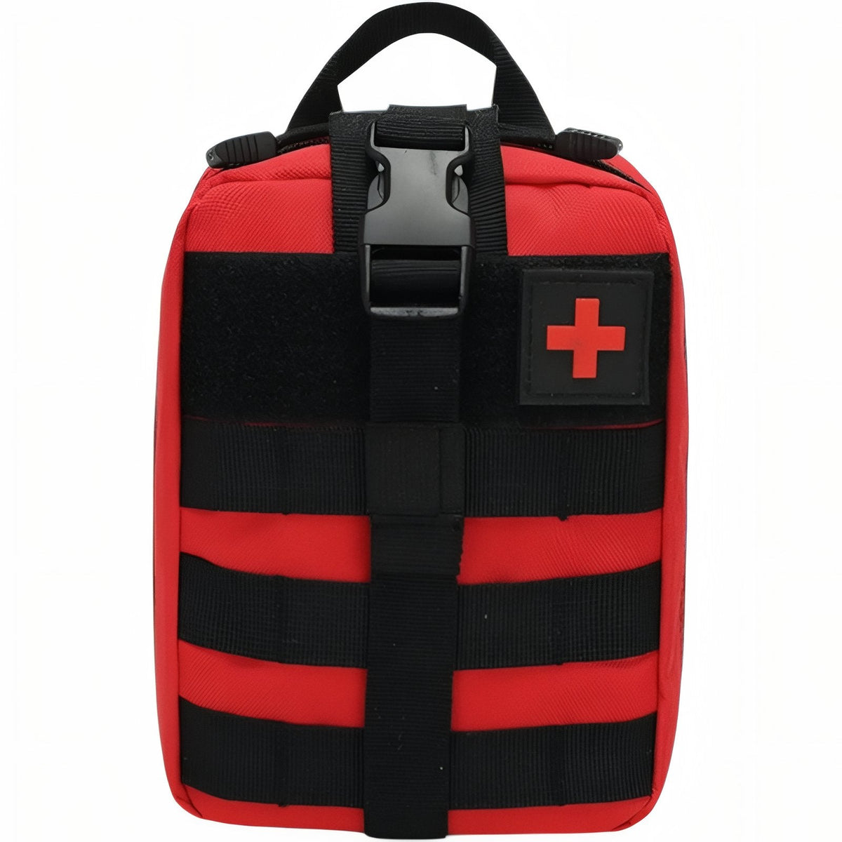 Red and black pouch from the front with black MOLLE webbing, a buckle and a square patch on its front panel