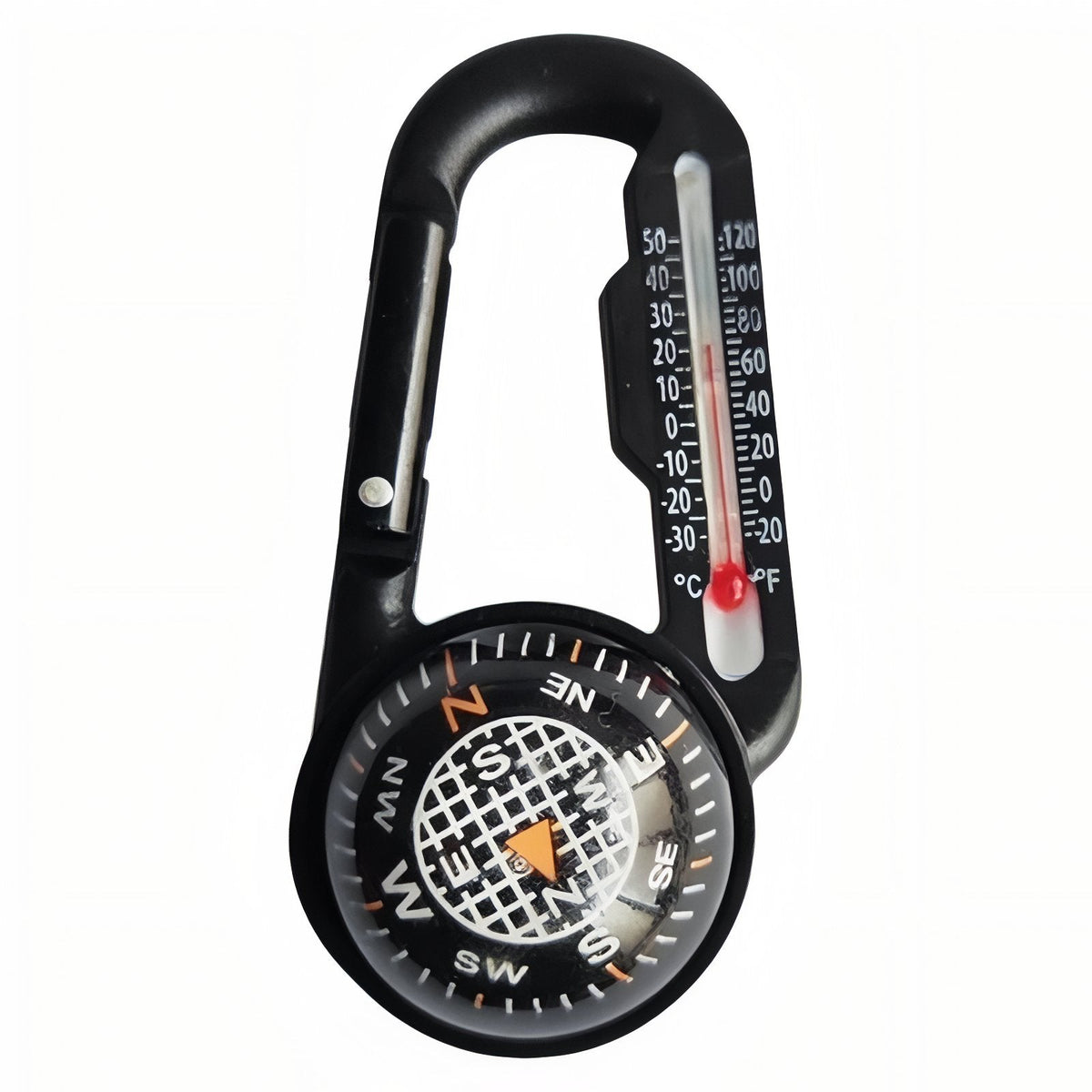 Compass carabiner with a black and white compass dial, thermometer beside it