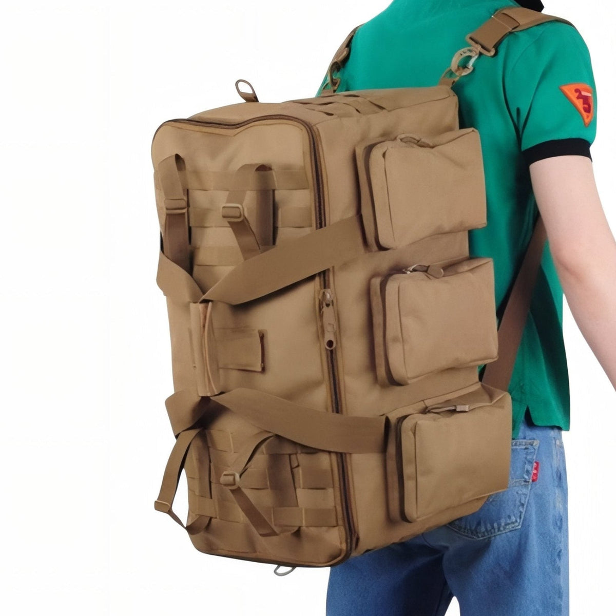 Man carrying the coyote brown duffel on his back as a backpack