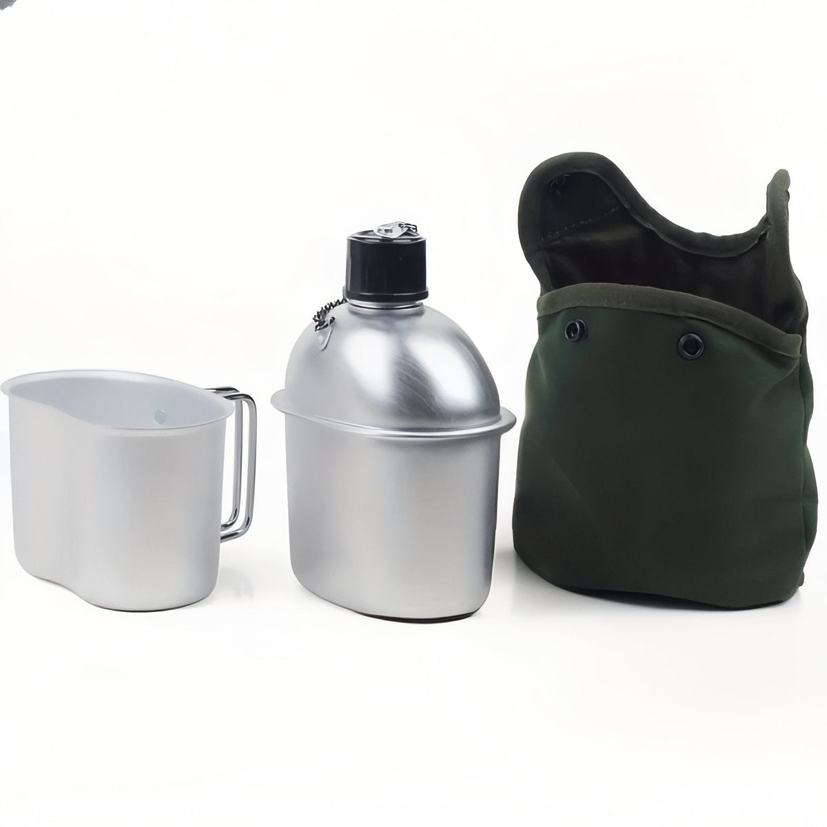 Aluminium cup, canteen and green cover side by side on a grey background