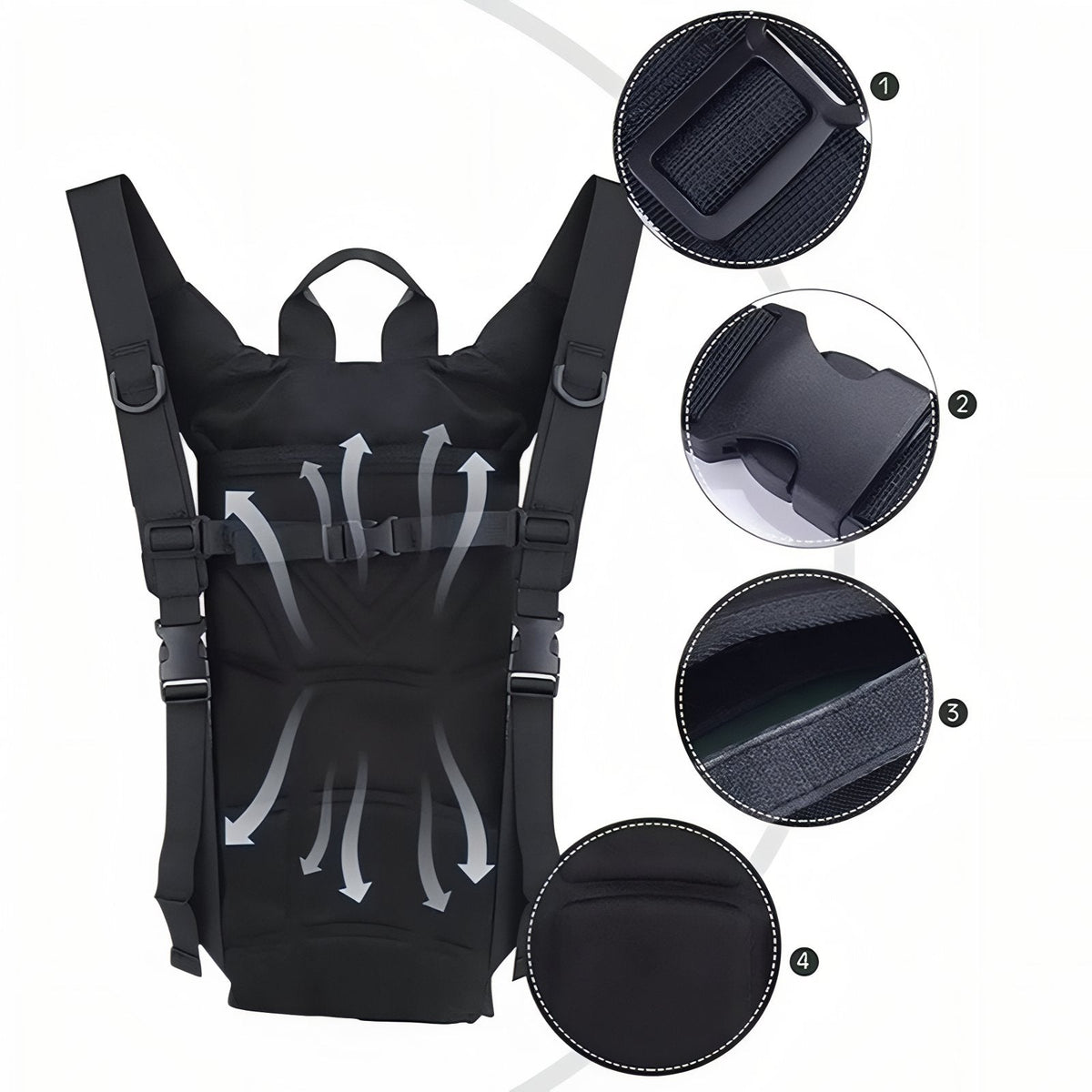 Back of the black hydration pack with airflow arrows and close-ups of its strap adjusters and buckle