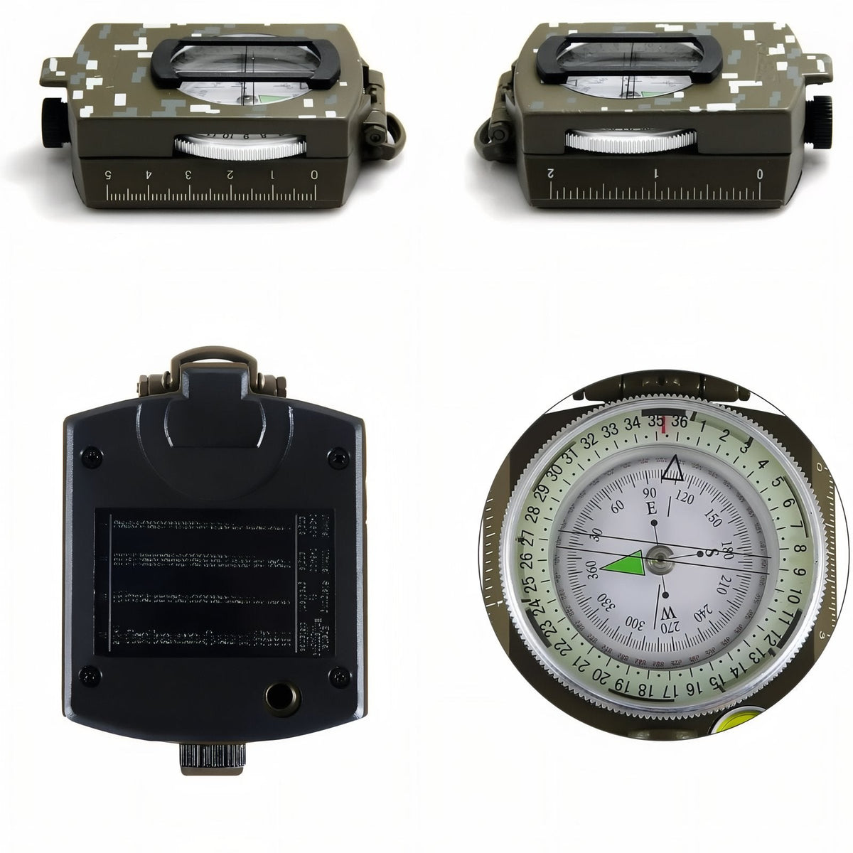 Olive green lensatic compass shown closed, open, from the back and from above