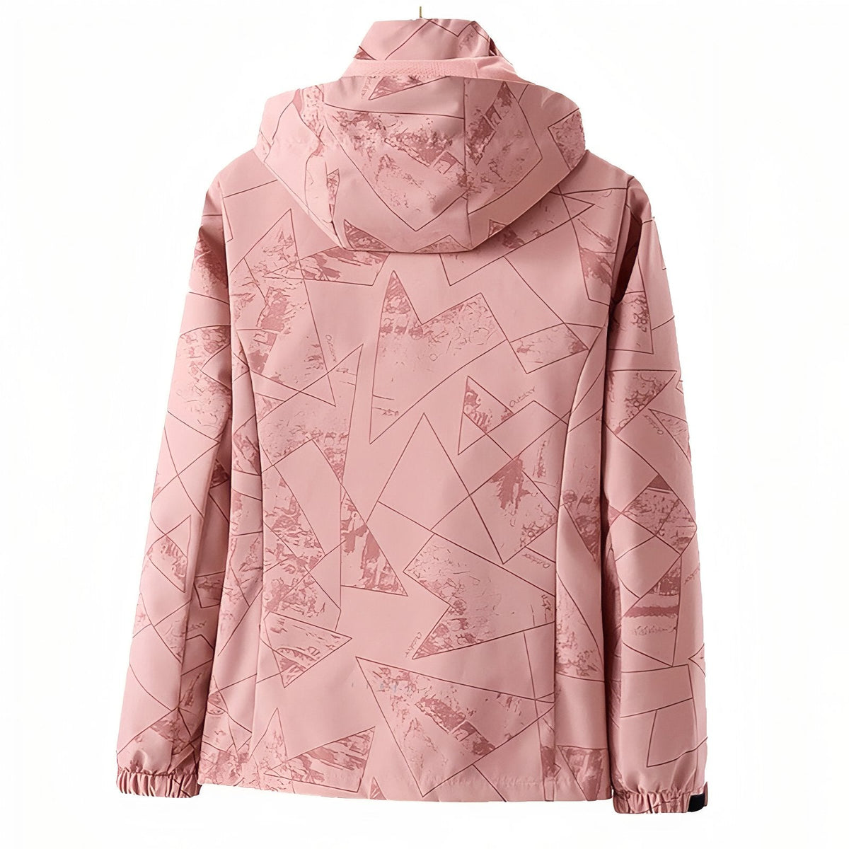 Back view of the pink geometric-print hiking jacket with the hood up on a hanger