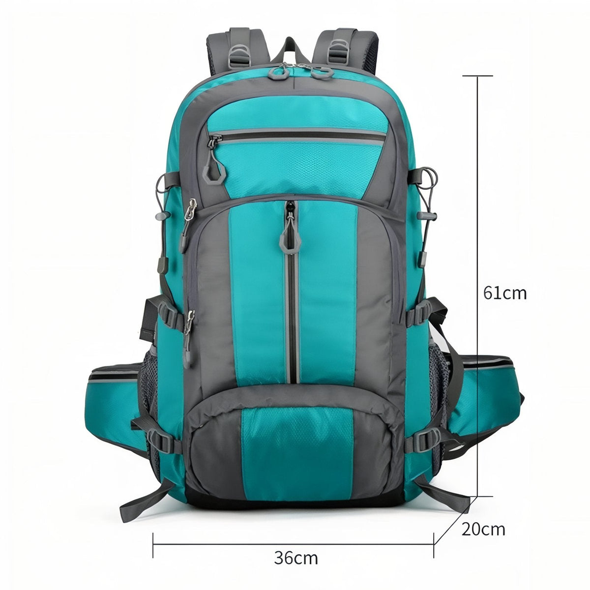 Turquoise backpack from the front with its height, width and depth marked