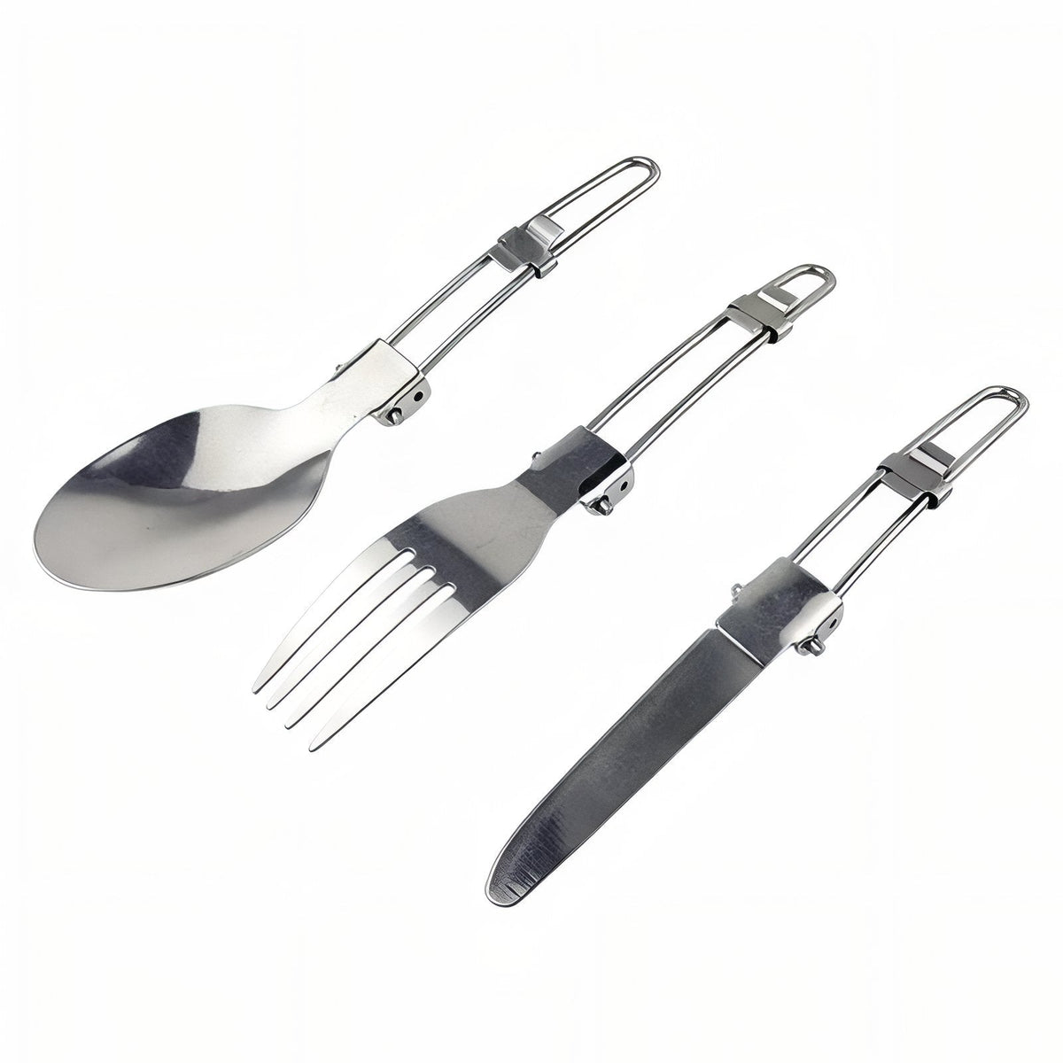 Folding stainless steel spoon, fork and table knife unfolded, each with a wire loop handle