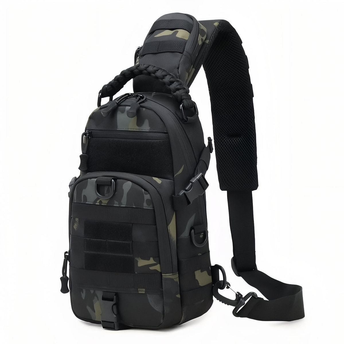 Black camouflage tactical sling bag with webbing loops and a padded strap
