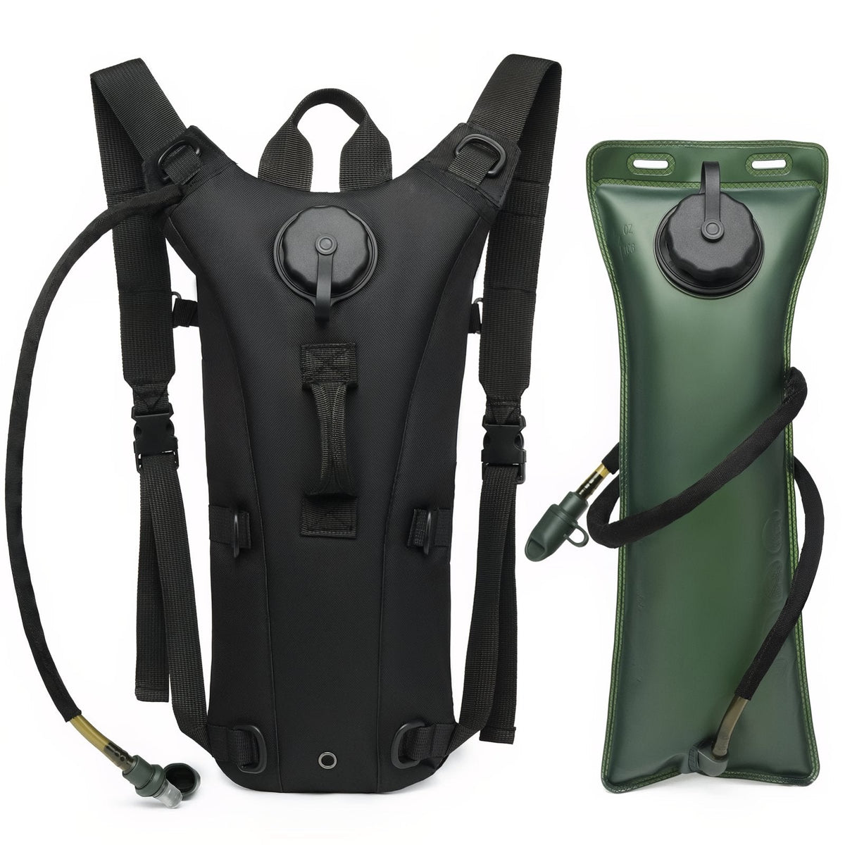 Black hydration pack with its drinking tube beside the green 3 litre water bladder