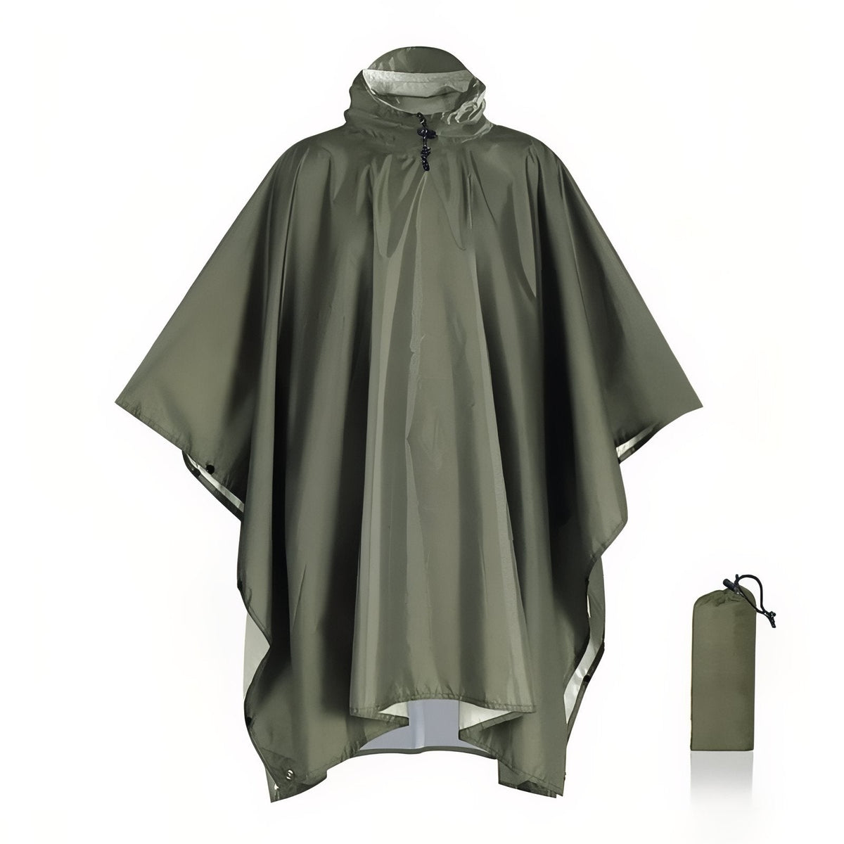 Olive green hooded rain poncho without a pocket, seen from the front, with its olive pack bag
