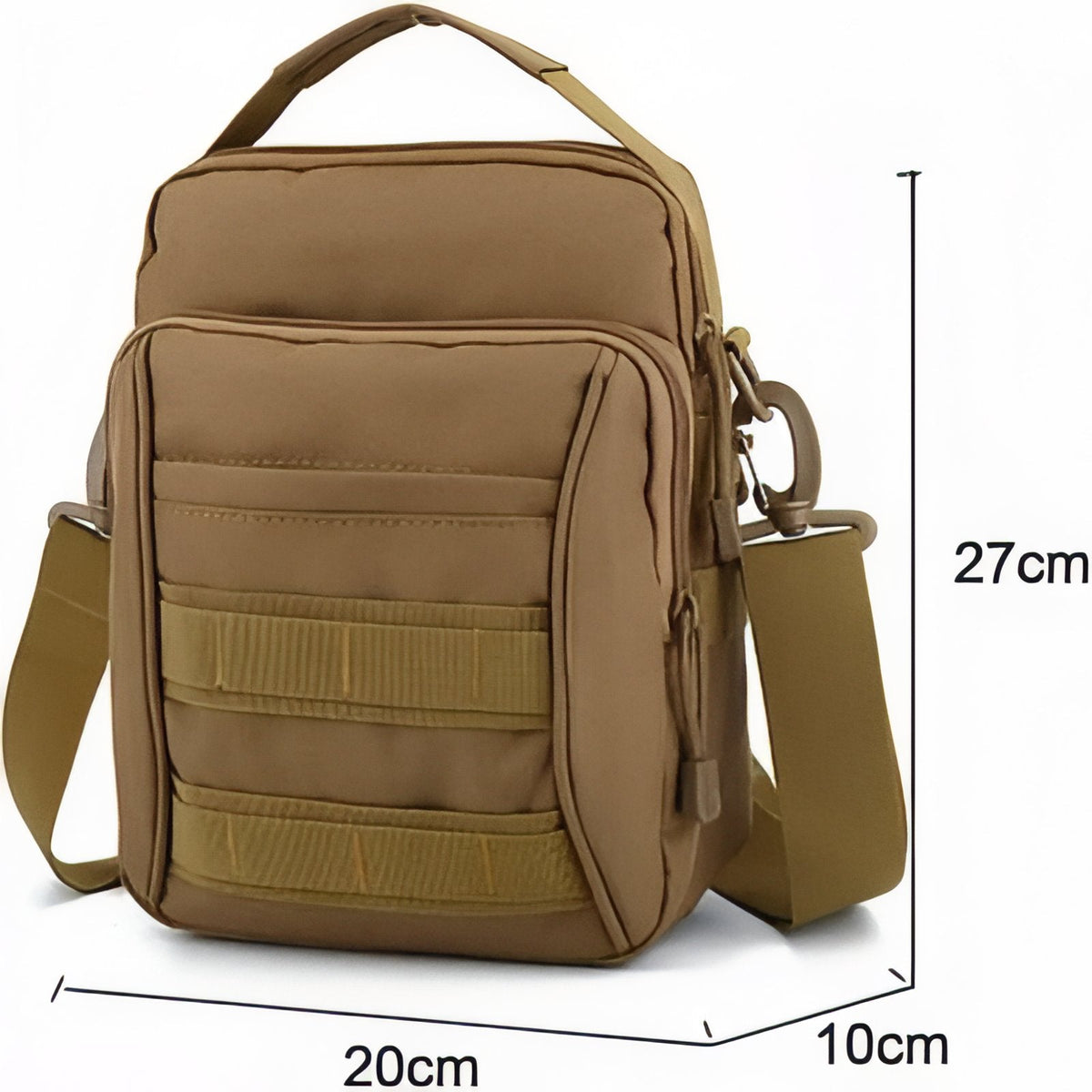 Coyote brown tactical shoulder bag with its size marked: 27 cm tall, 20 cm wide and 10 cm deep
