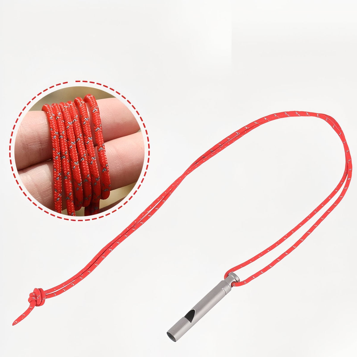 The whistle on its long red reflective cord, with a close-up of the coiled cord