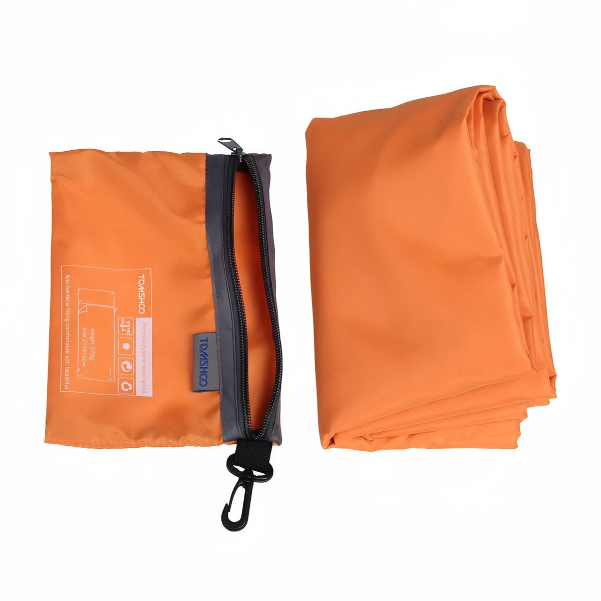 Orange liner folded beside its open zipped pouch with a black clip hook