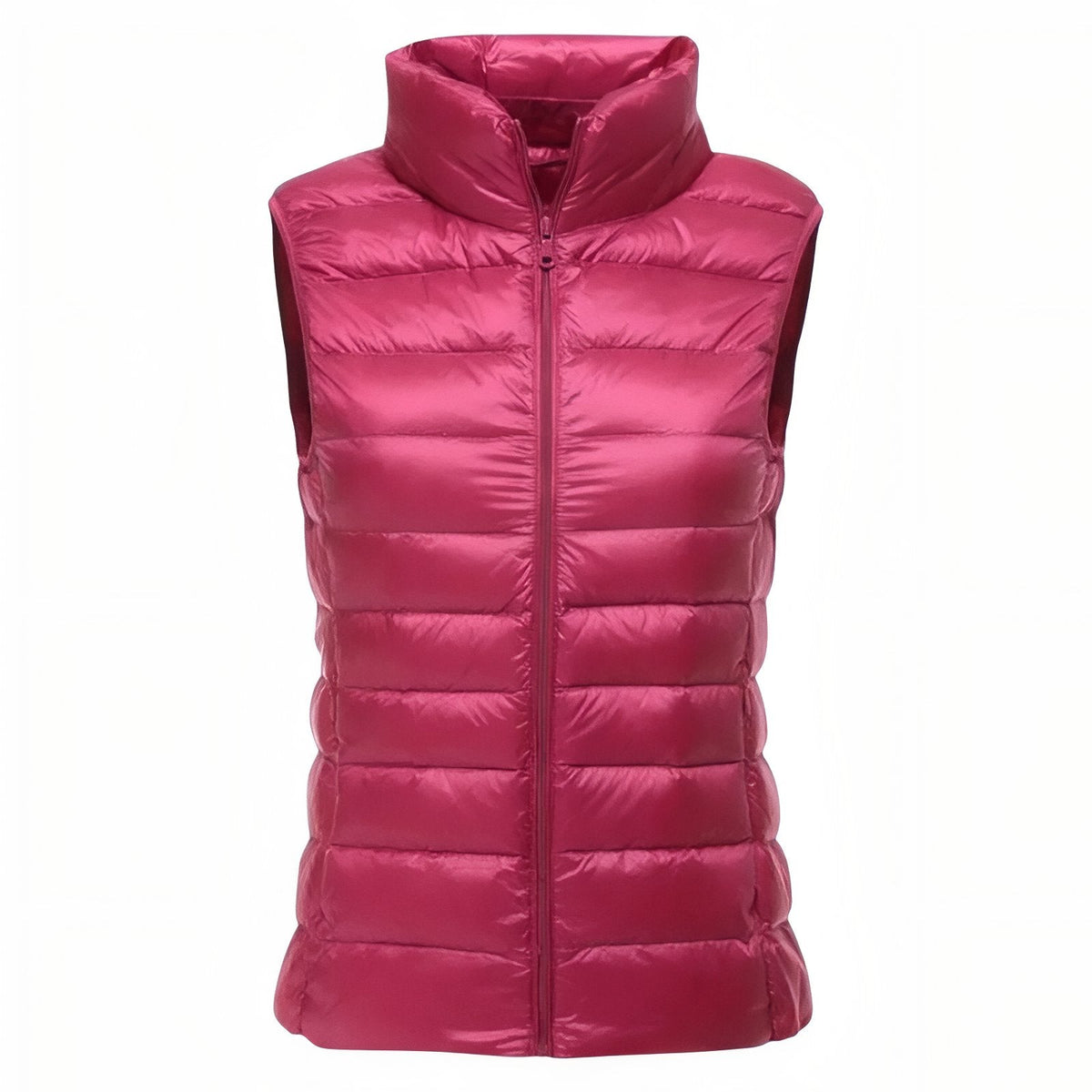Raspberry pink women's quilted puffer vest with a stand-up collar and full zip, front view