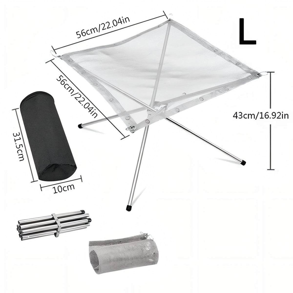 The L fire pit with its sizes marked: 56 x 56 cm mesh, 43 cm high, and its 31.5 x 10 cm carry bag