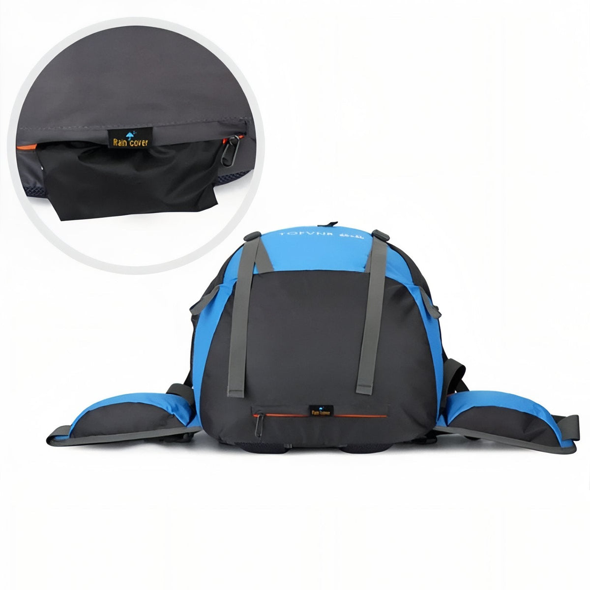 Base of the backpack with an inset of the rain cover stored in its bottom pocket