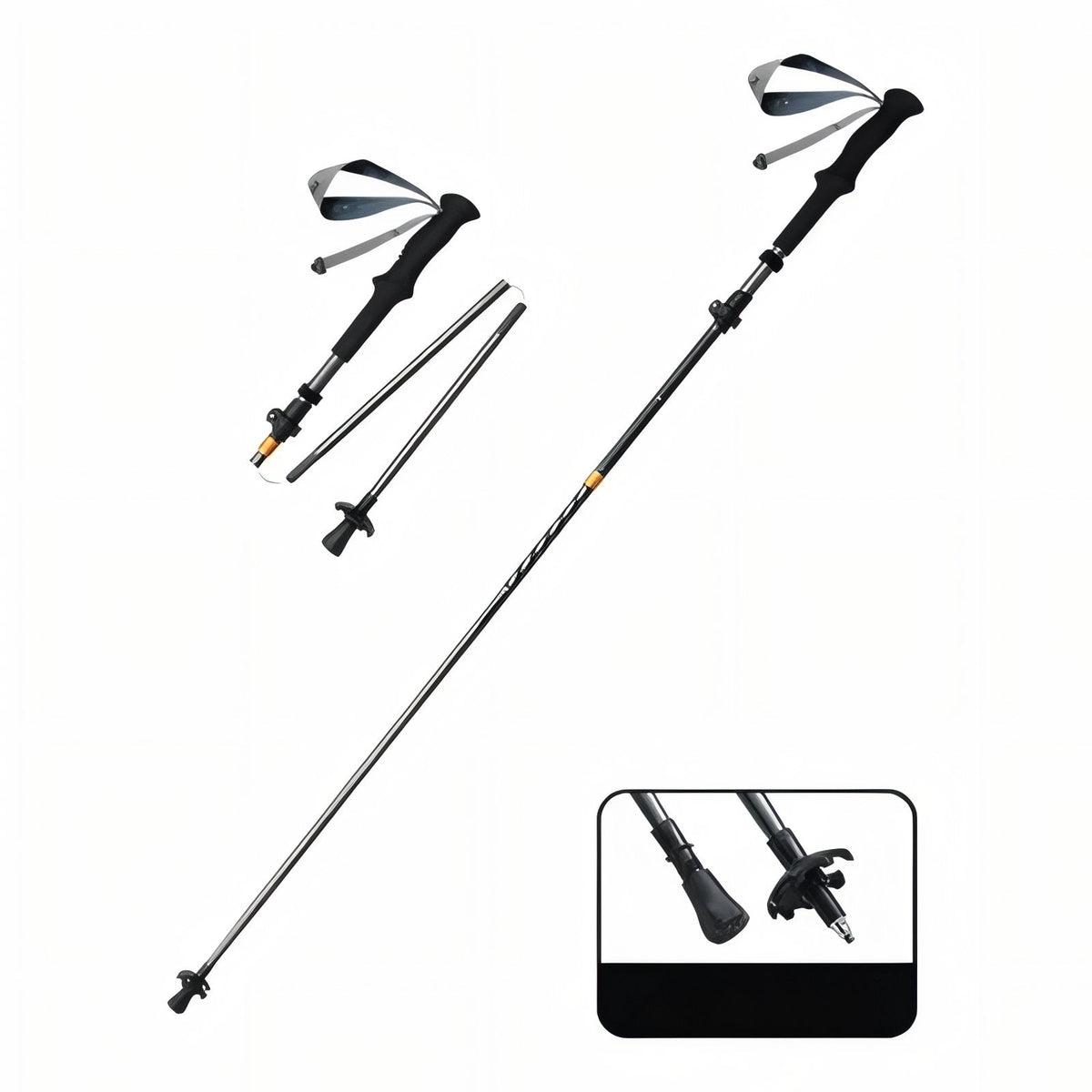 Black folding trekking pole shown extended and folded, with an orange ring at the lock