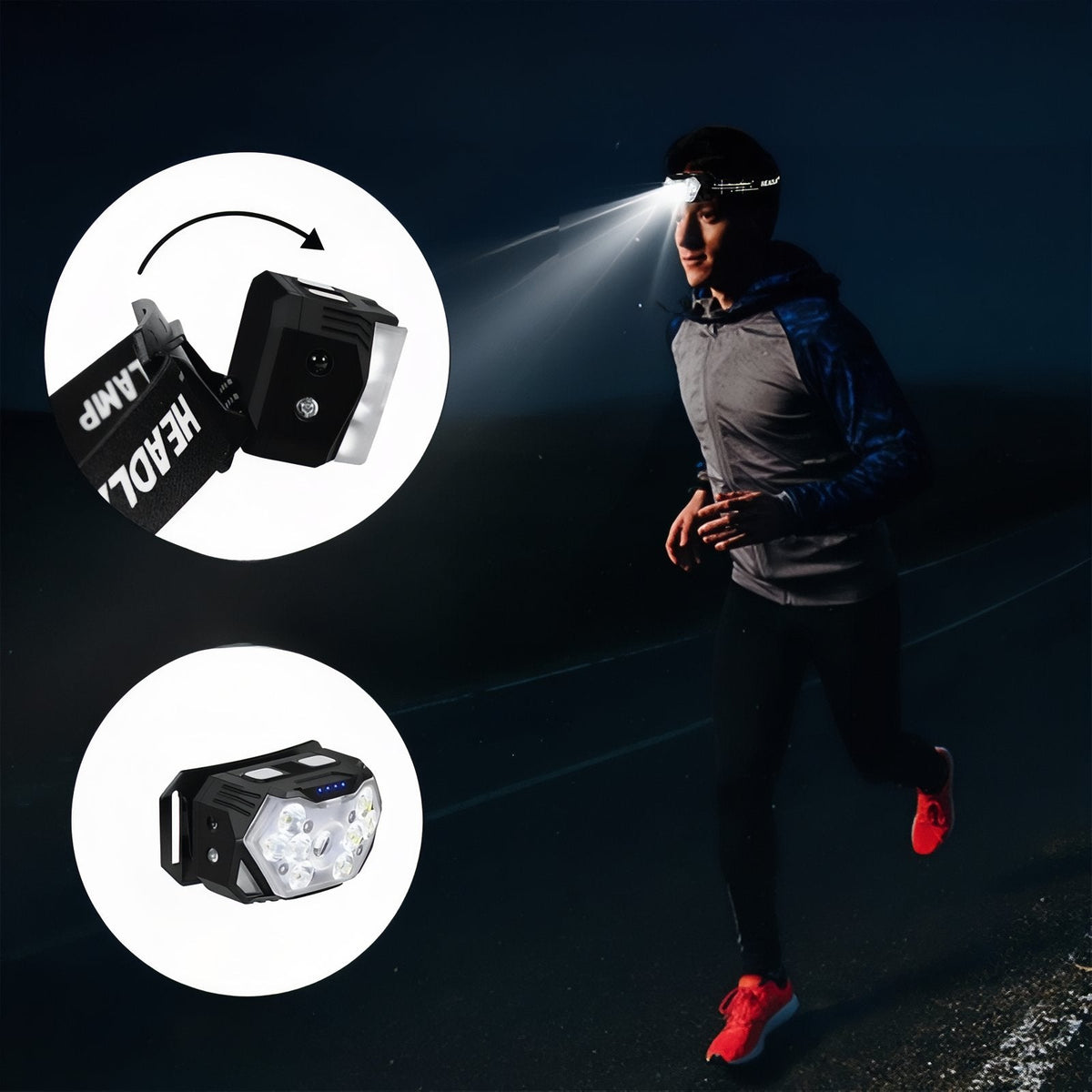 Runner at night wearing the headlamp, with insets of the tilting lamp head