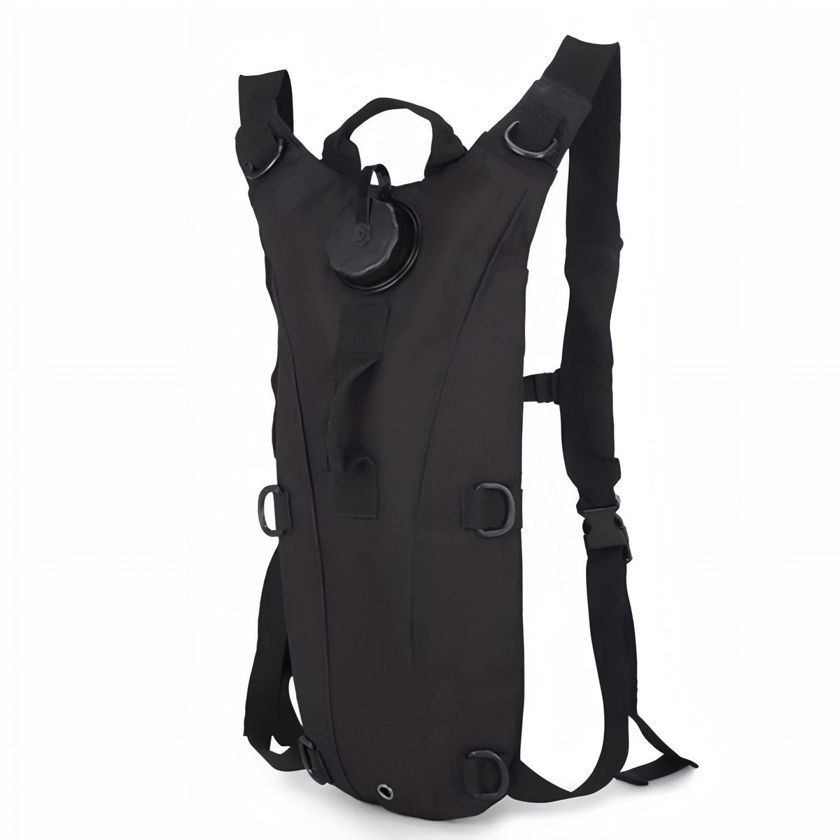 Black hydration pack seen from the side with its shoulder straps