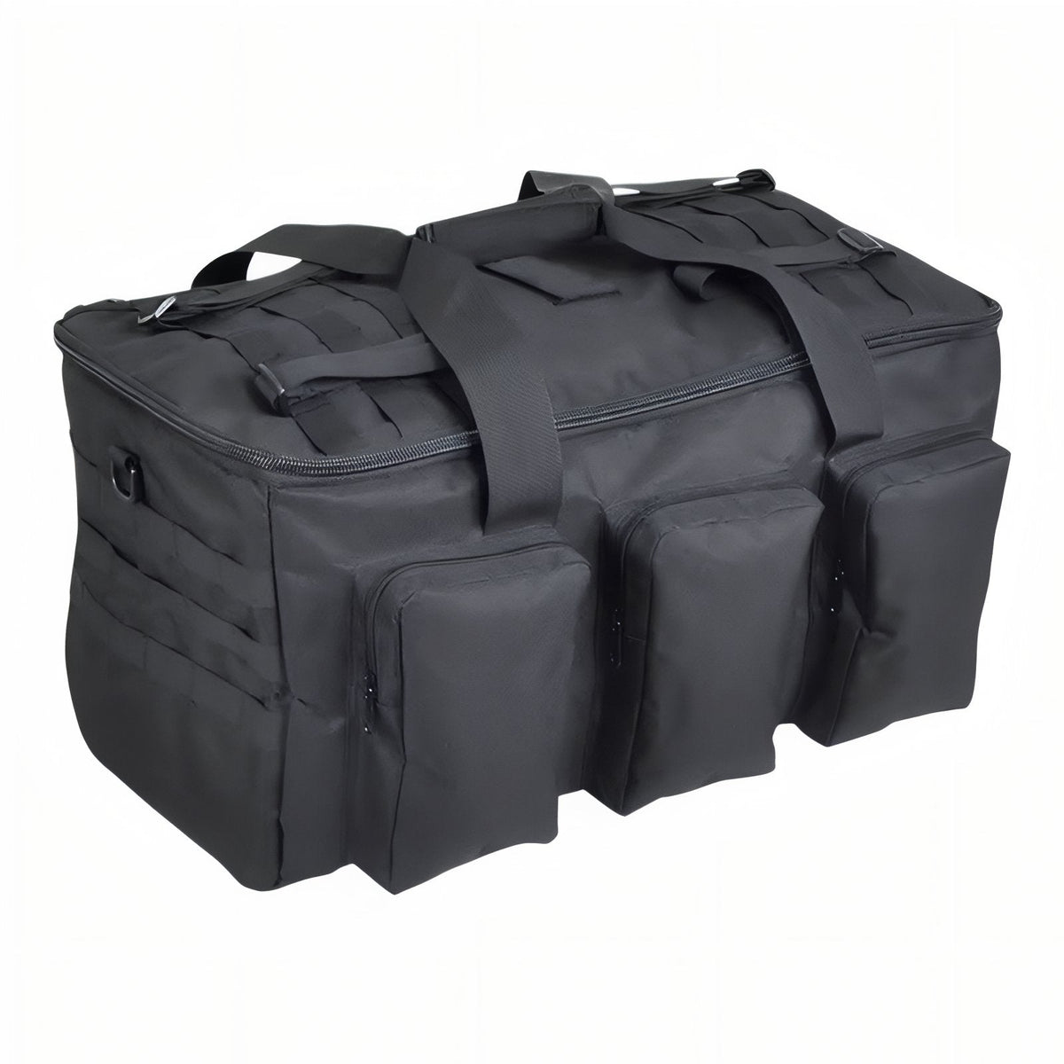 Black 55 L tactical duffel bag with three zipped front pockets and top straps