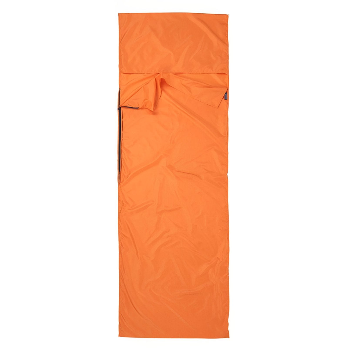 Orange sleeping bag liner laid flat with the pillow flap and the zip along one side