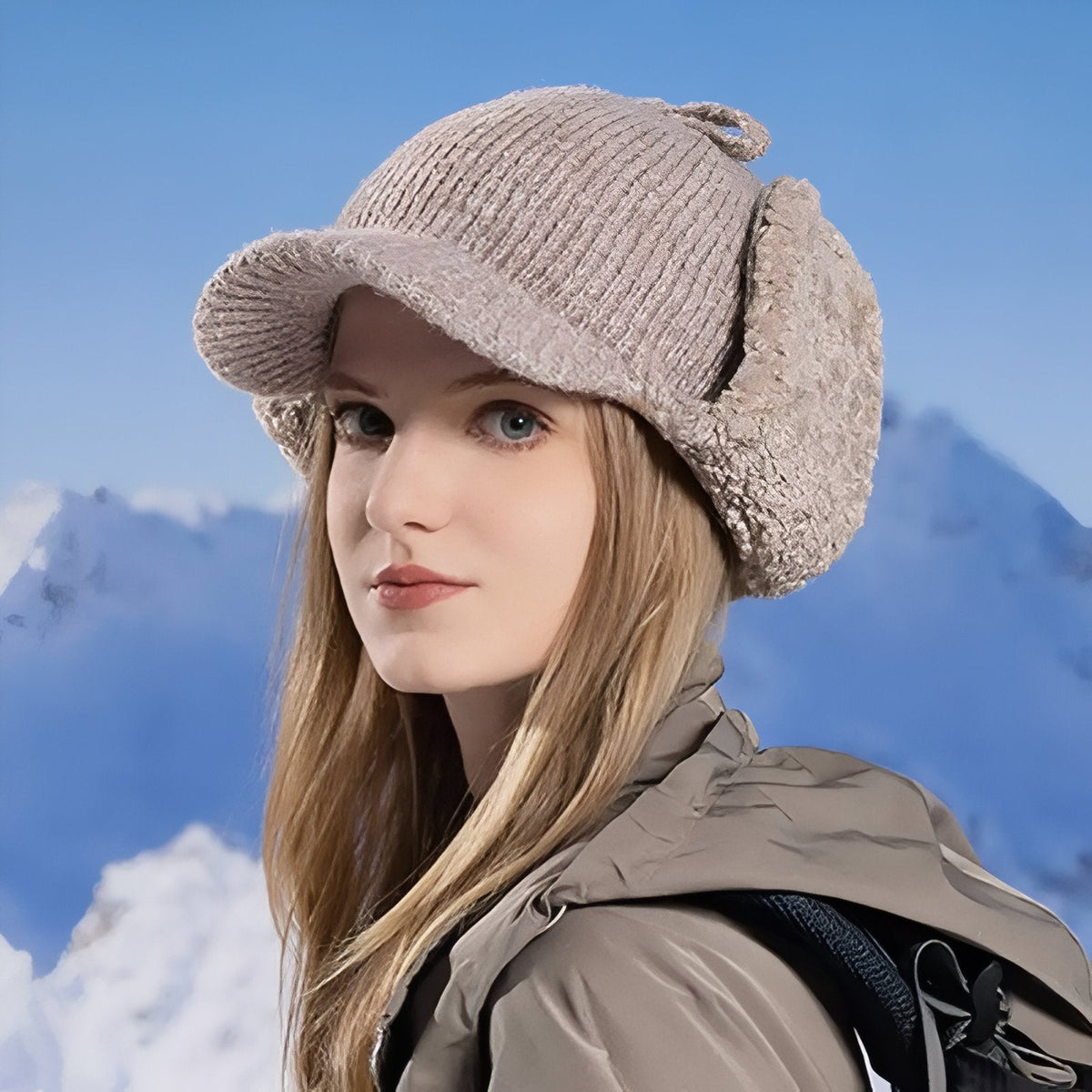 Woman wearing the beige trapper hat with the ear flaps tied up