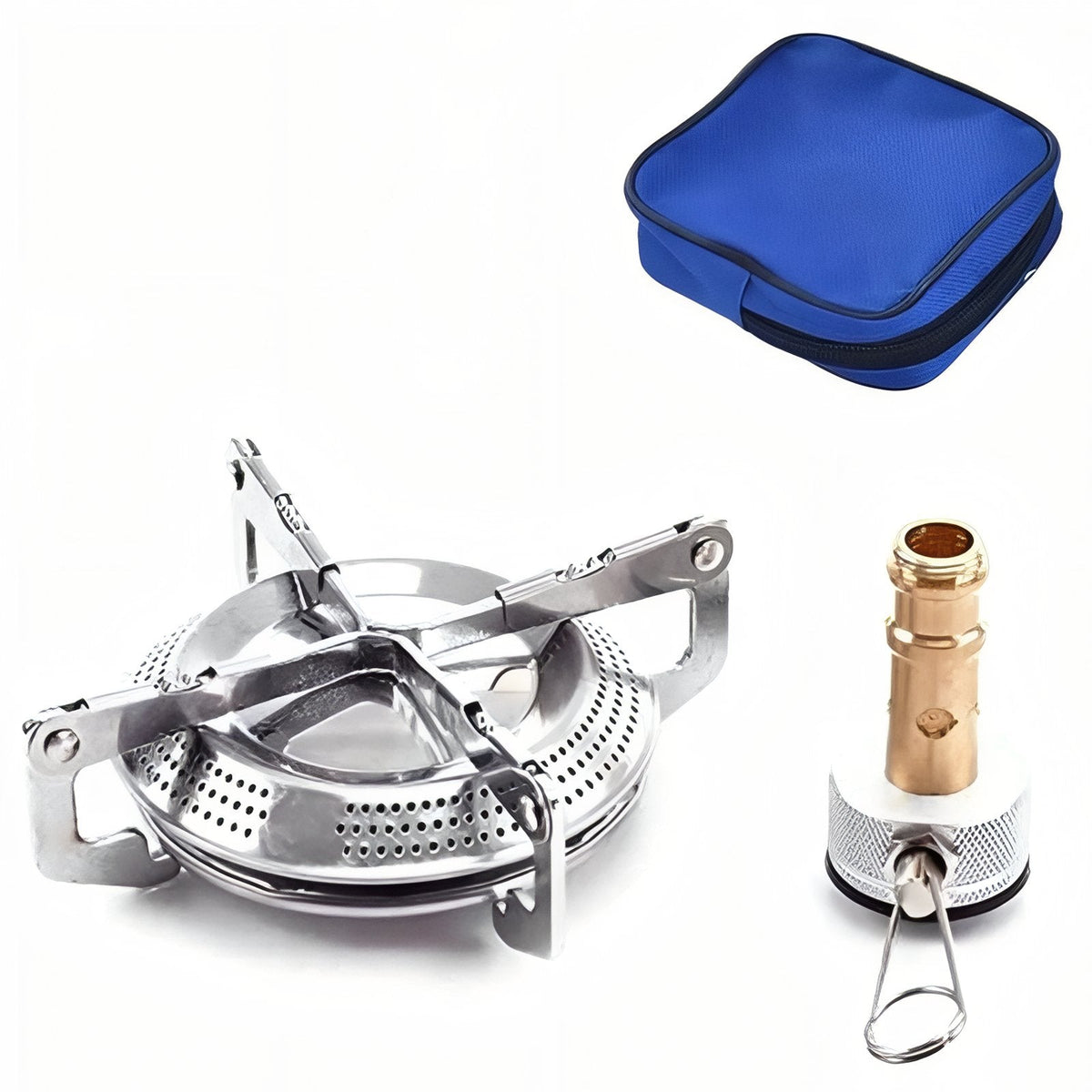 Silver camping stove burner with folding pot supports, its brass valve stem and a blue zipped carry pouch