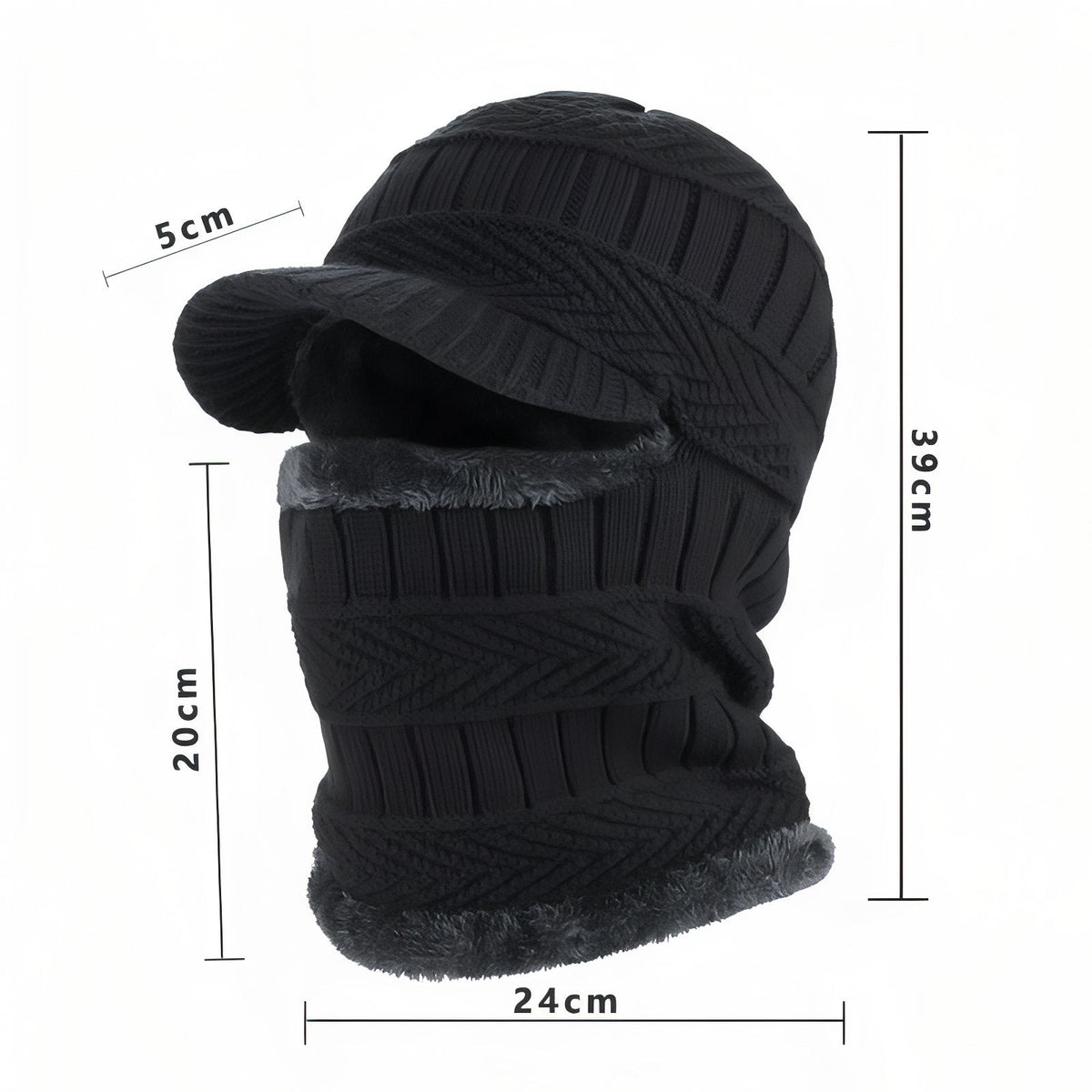 Black knitted balaclava marked 39 cm tall, 24 cm wide, 20 cm neck and 5 cm brim